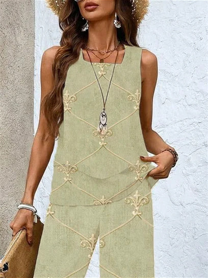 Women's Sleeveless Square Collar Graphic Printed Casual Set
