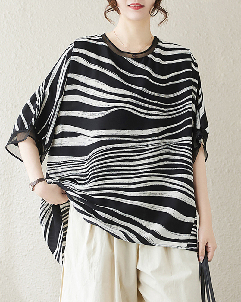 Striped Sheer Short Sleeve Asymmetric Hem Loose Top
