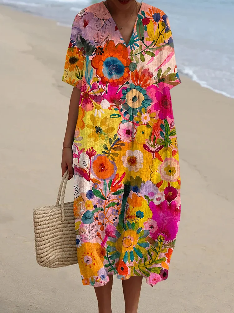 Bohemian Floral Art Print V Neck Midi Dress