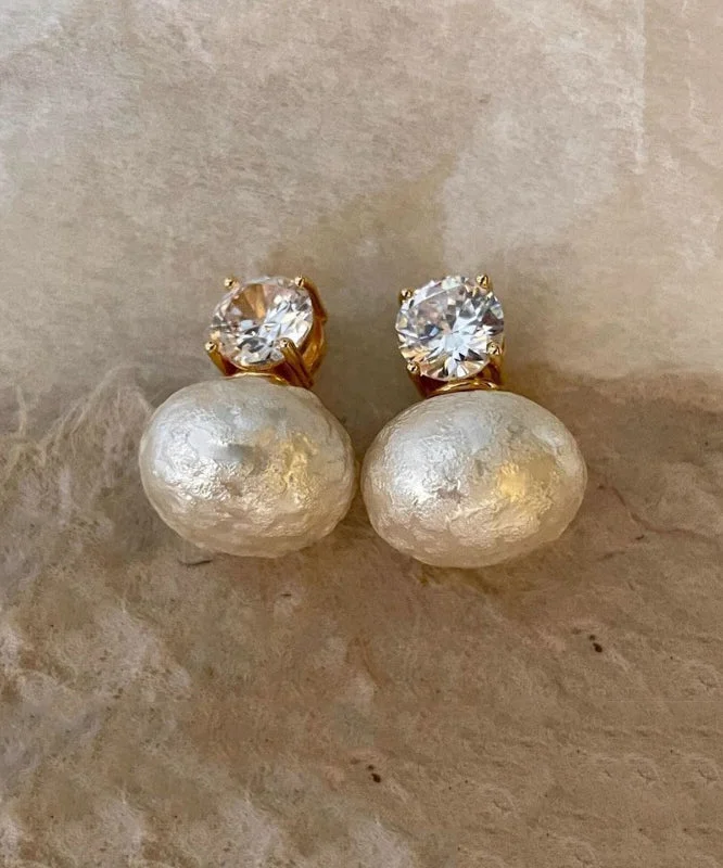 Brief Gold Copper Alloy Zircon Cotton Pearl Stud Earrings