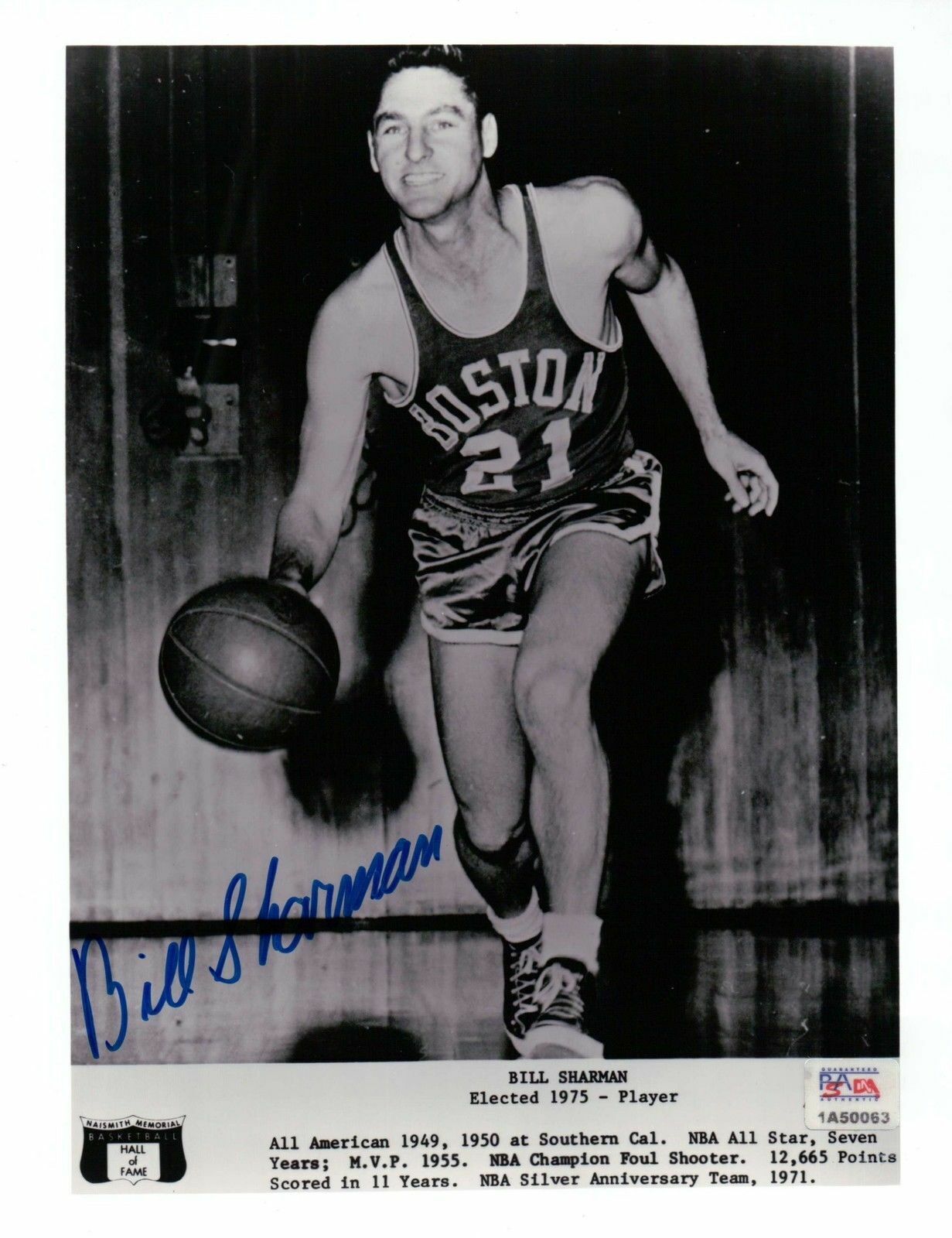 Bill Sharman Signed 8X10 Autograph Photo Poster painting Hall of Fame Card Blue Ink PSA/DNA