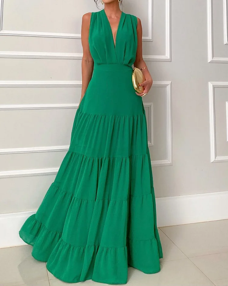 Pleated Solid Color V-neck Dress