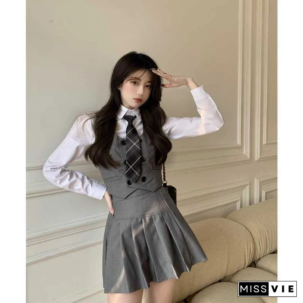 College Style Japanese Fashion Jk Suit School Uniform Girl Outfit Casual Vest Jacket Tie Pleated Skirt Shirt Slim Women 4Pcs