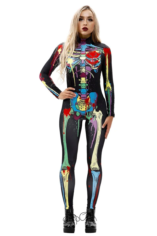 Creepy Colorful Skeleton Print Halloween Costume Bodycon Jumpsuit-elleschic