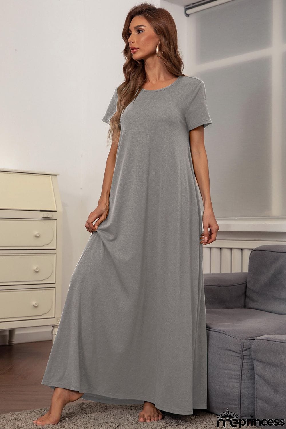 Round Neck Short Sleeve Maxi Dress