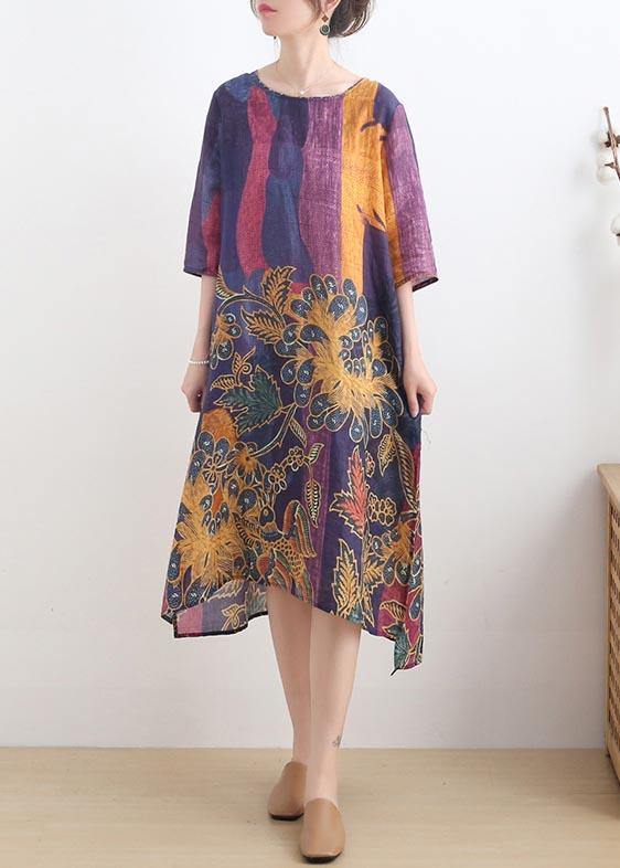 VCSHOES Purple Print side open Summer Ramie Linen Dress