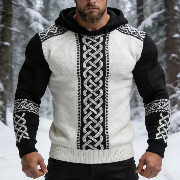 Men's Viking Celtic Knot Contrast Cozy Knit Hooded Sweater