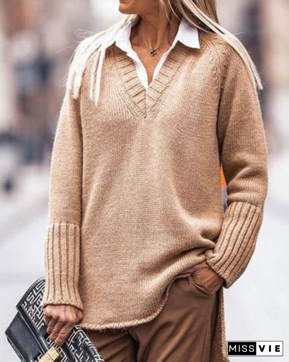 Women Minimalism Knitting V-neck Sweater