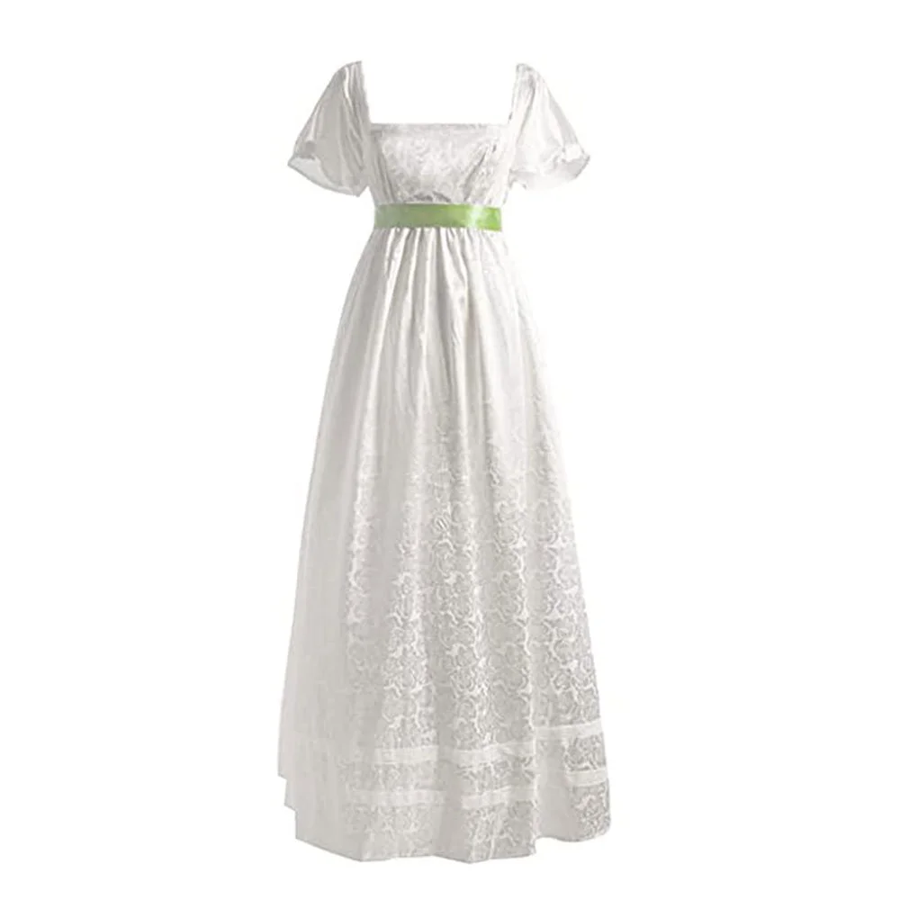 Regency Dress Women White Short Sleeve Square Neck Empire Tea Gown Jane Austen Waist Renaissance Victorian Costume with Ribbon Novameme
