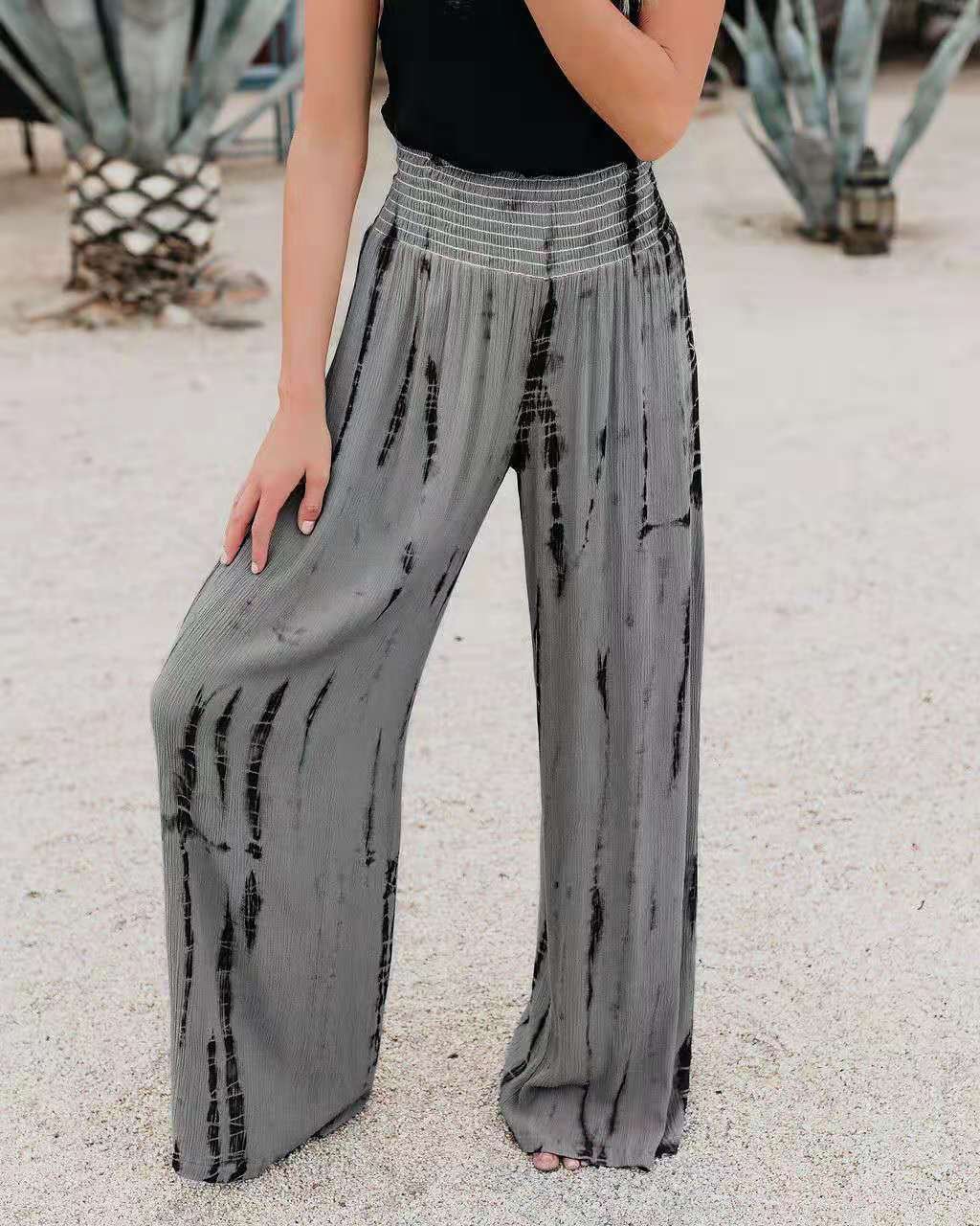 Fashion Elastic High Waist Pocket Wide Leg Pants Casual