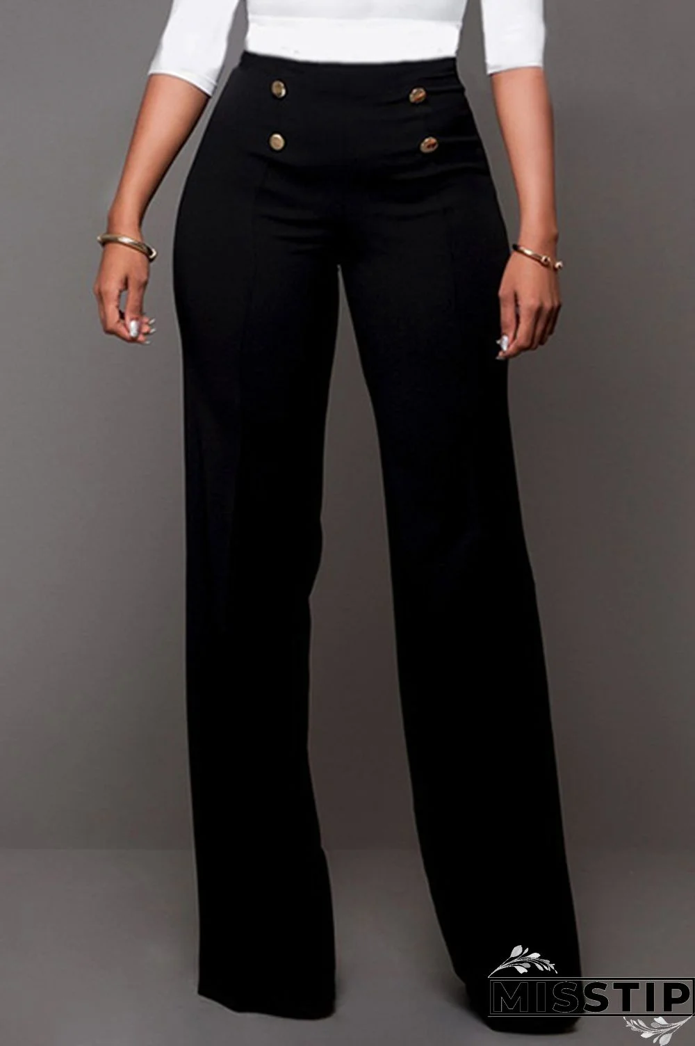 Black Trendy High Waist Double-breasted Decorative Pants