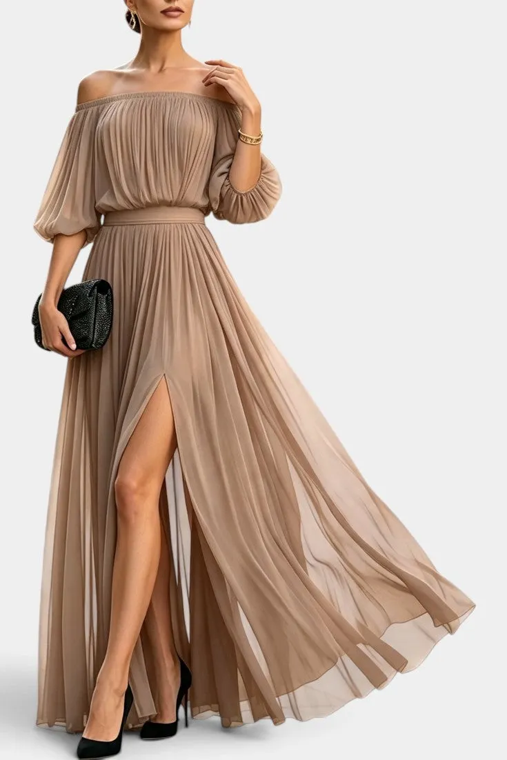 Off-the-Shoulder Pleated Chiffon Maxi with High Slit