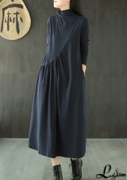 UR Turtleneck Lace Panel Asymmetrical Hem Long Sleeve Dress