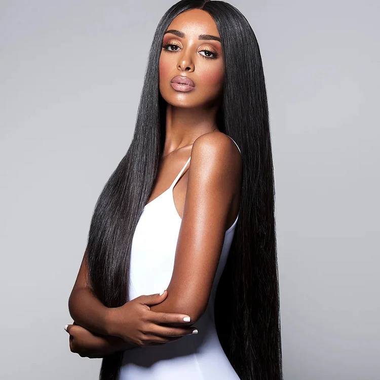 6x5 Pre-Cut Glueless Lace 36 Inches Long Length Easy-Wear Straight Natural Black Human Hair Wig