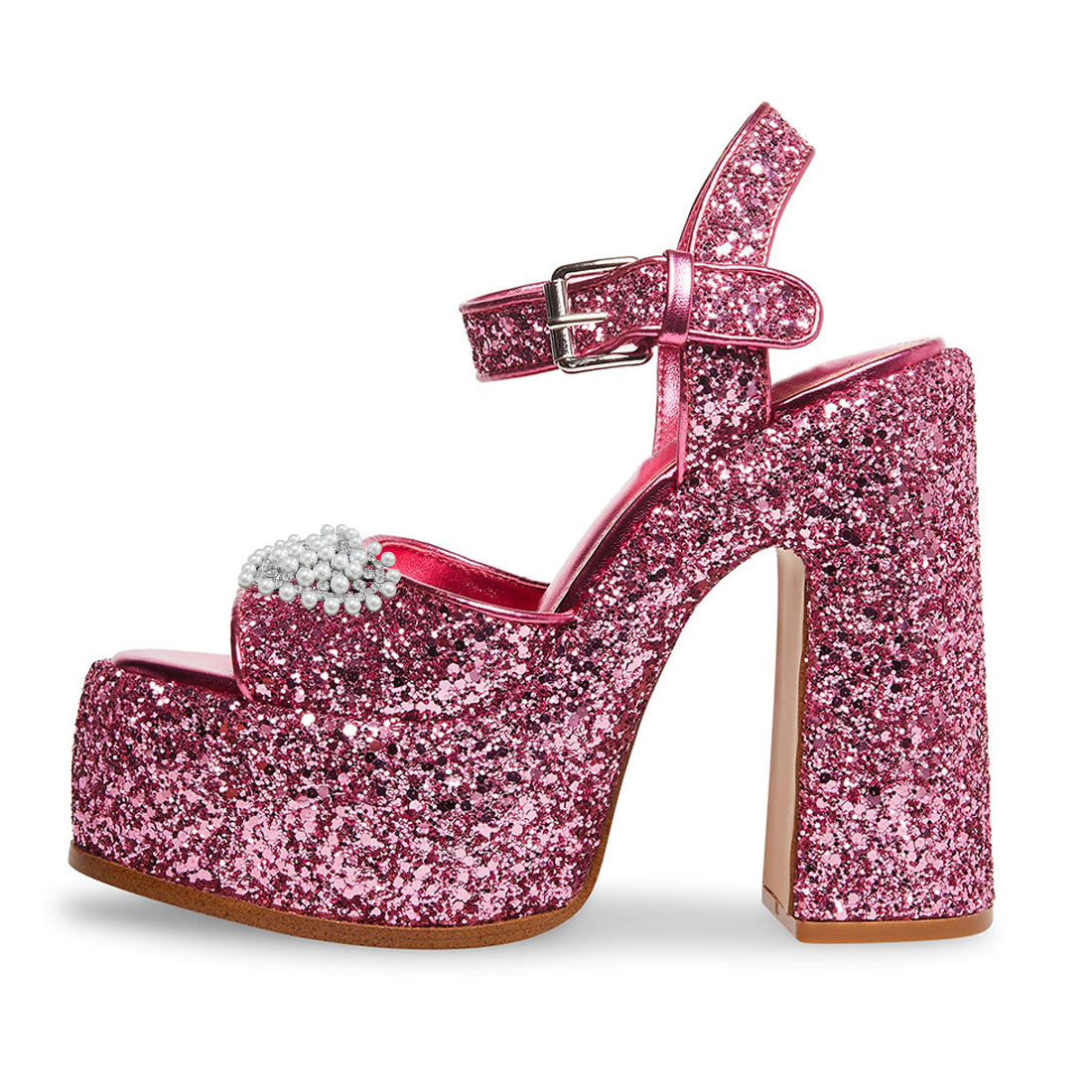 Open Toe Pearl and Rhinestone Heart Glitter Platform Pink Sandals Nicepairs