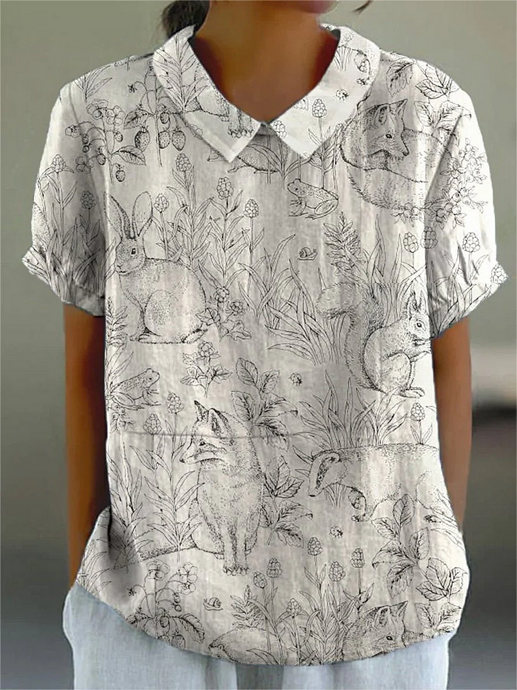 Line Sketch Woodland Animals Repeat Pattern Printed Women's Casual Cotton And Linen Shirt