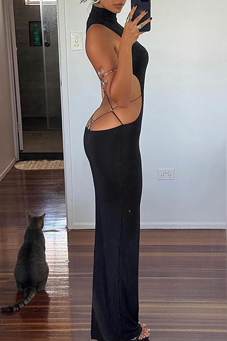 Stand Collar Sleeveless Cross Straps Backless Bodycon Maxi Dresses-Black