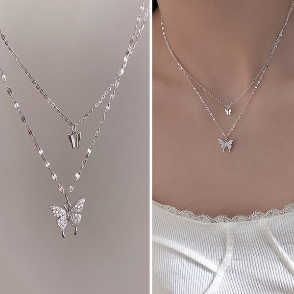 925 Sterling Silver Shiny Butterfly Necklace, Ladies Exquisite Double-layer Clavicle Chain Necklace Jewelry Fashion New Simple Small Fresh Female Necklace Wedding Engagement Party Banquet Birthday Gift Jewelry Accessories - Shop Trendy Women's Fashion | TeeYours