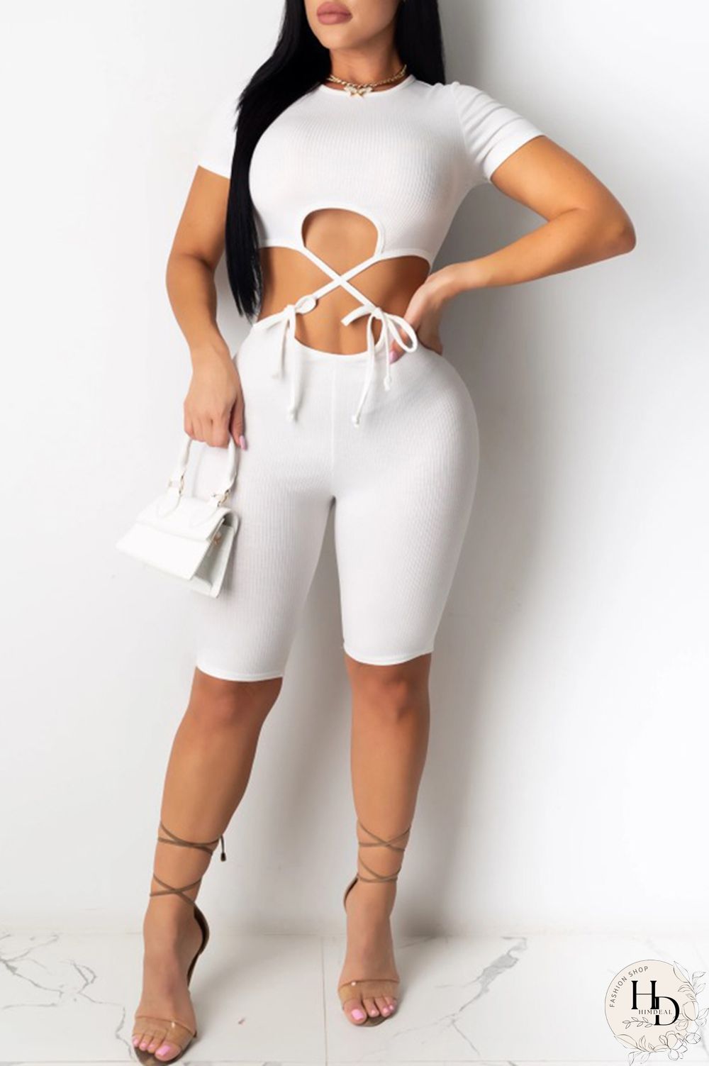 Black Fashion Sexy Patchwork bandage Hollow Solid Polyester Short Sleeve O Neck Jumpsuits