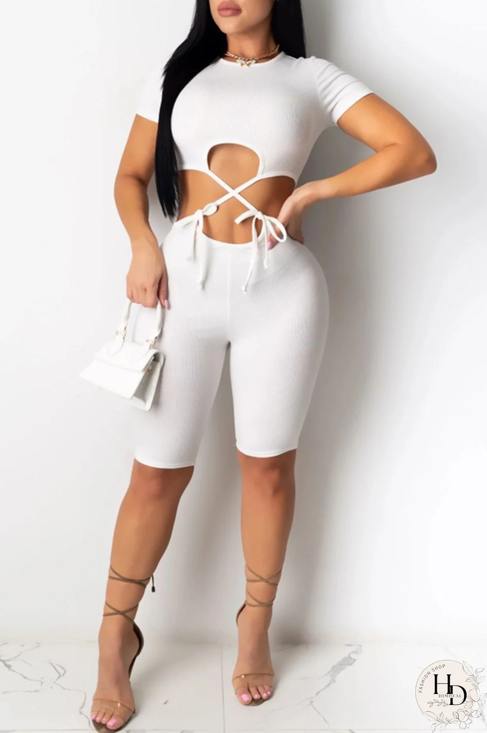 Black Fashion Sexy Patchwork bandage Hollow Solid Polyester Short Sleeve O Neck Jumpsuits