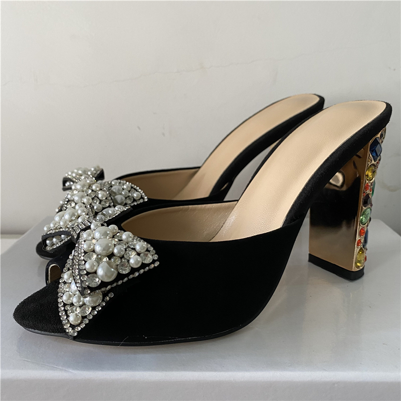 Vivid Diamond Butterfly-Flower Sandals Women Suede Slingbacks 10cm Jeweled Rhinestone High Heel Mules