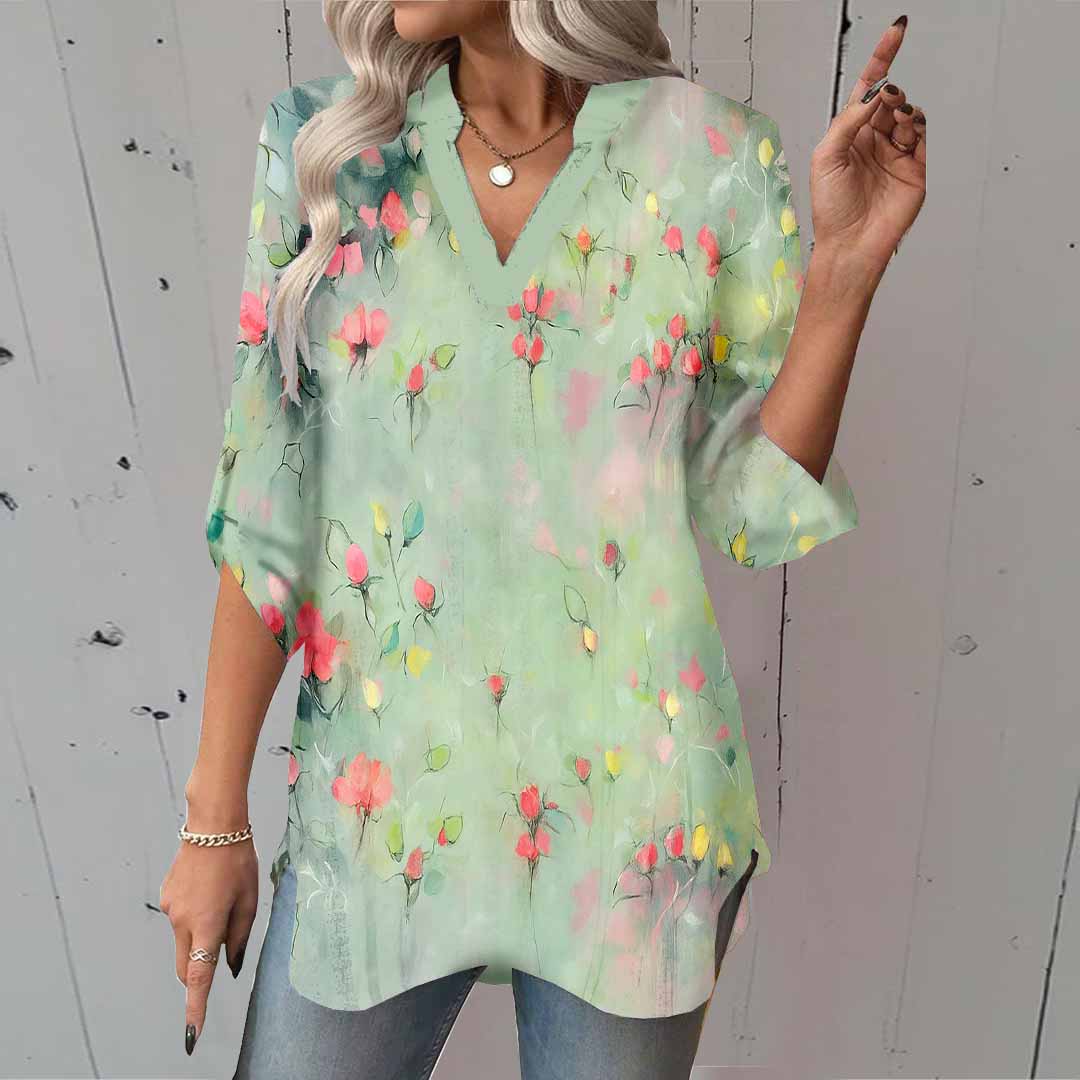 Women Floral, Green DZGA0339 3/4 Sleeve V-neck Printed Graphic Button Tops