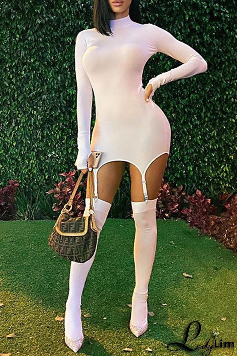 White Fashion Sexy Solid Asymmetrical Turtleneck Long Sleeve Dresses