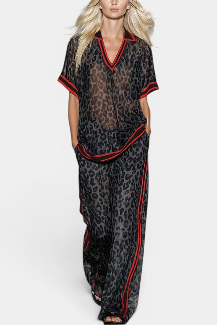 Leopard Print Contrast Trim Pajama Set