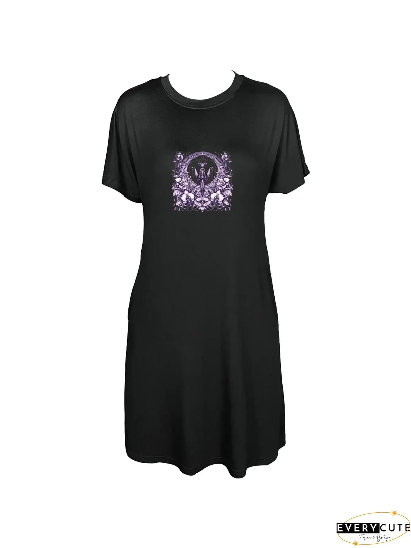 Detailed Praying Mantis And Floral Print Crewneck Tee Dress Casual Short Sleeve For Spring
