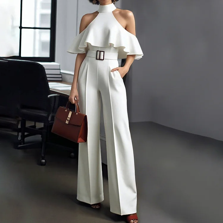 Ursime Mock Neck Cold Shoulder Ruffle Pocket Belt Jumpsuit