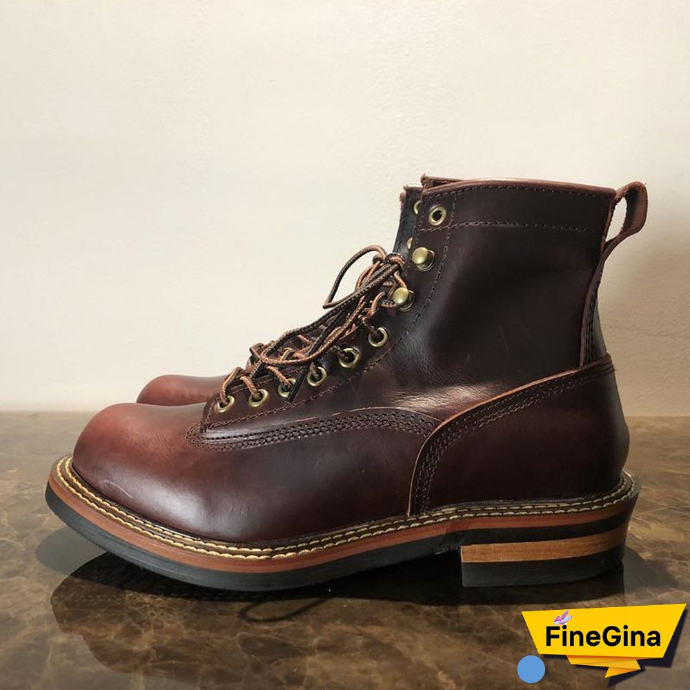 Vintage Lace-Up New Genuine Leather Platform Men Ring Black Red Ankle Boots Dress Work Casual Motorcycle Boots