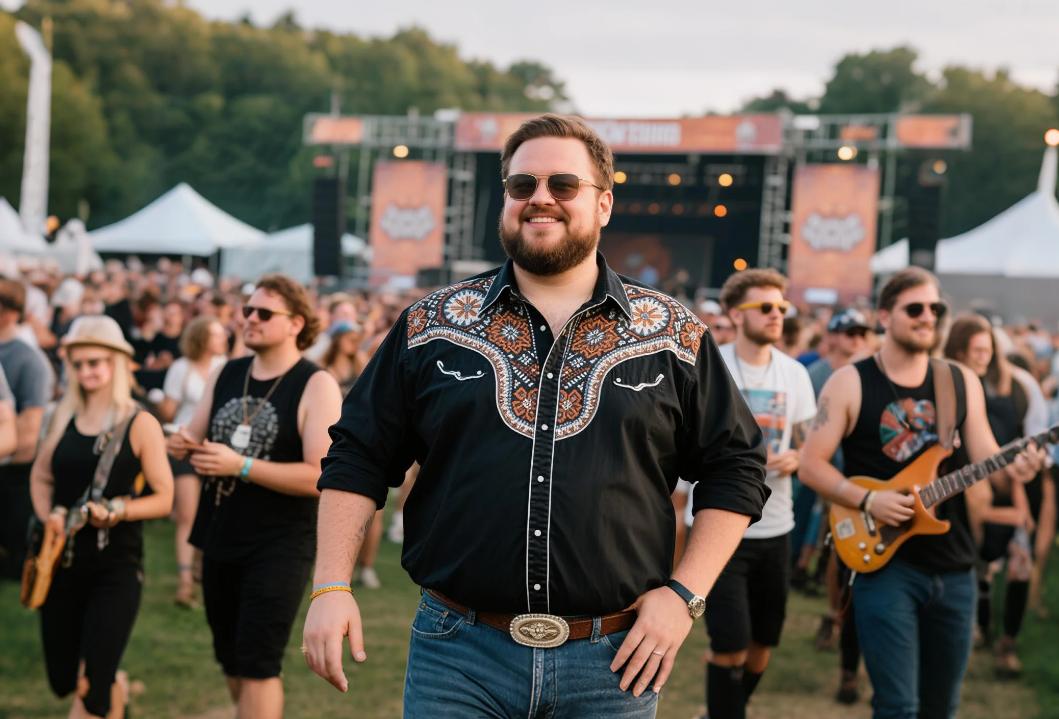 A big men attending musical festival with BigTallKings Western shirts