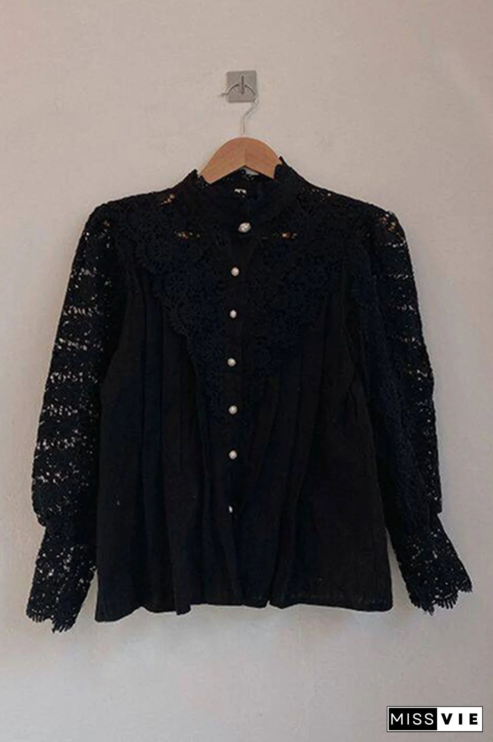 Elegant Patchwork Lace Hollowed Out Buckle Mandarin Collar Blouses(3 Colors)