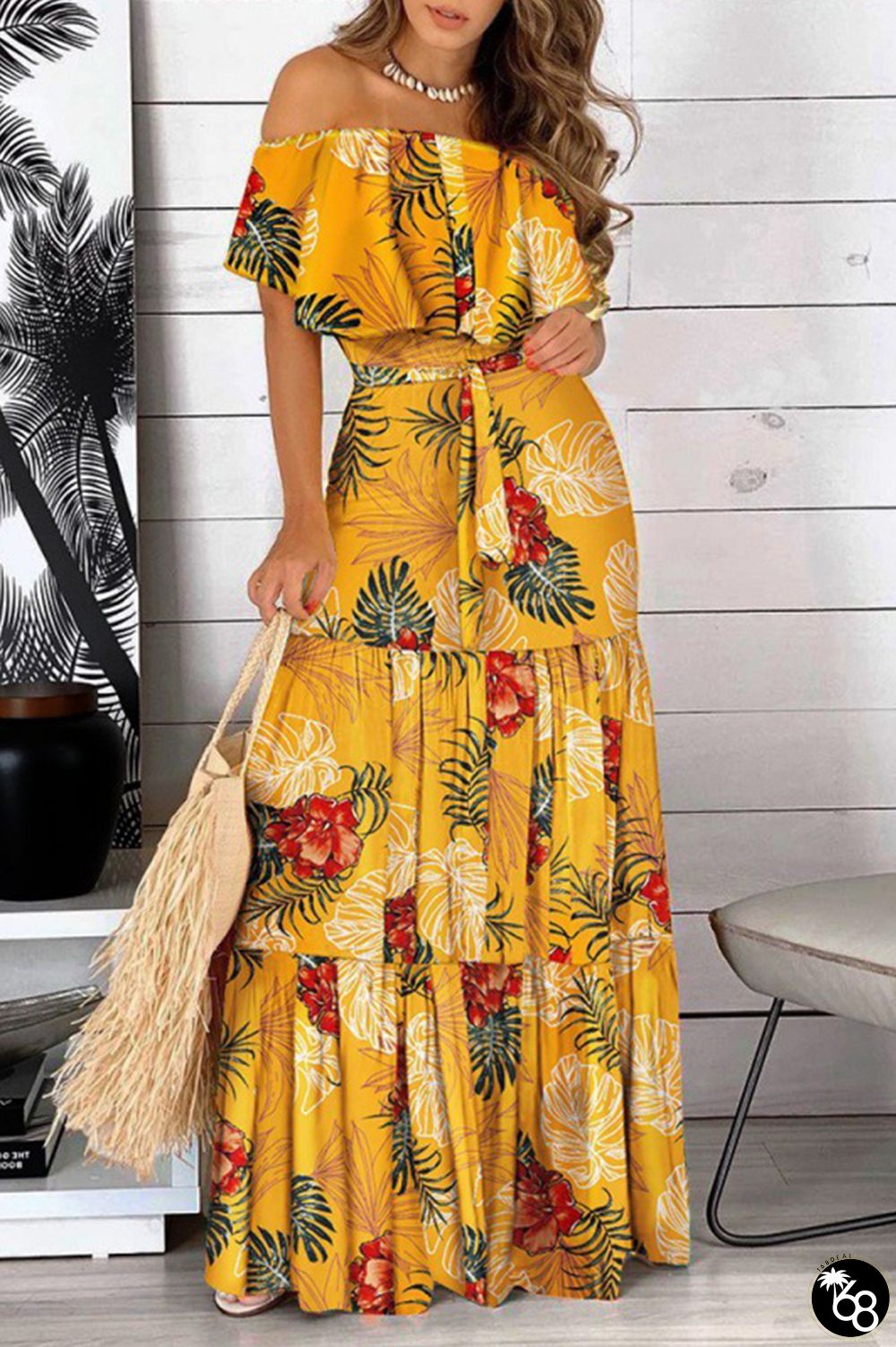 Yellow Elegant Print Frenulum Off the Shoulder Cake Skirt Dresses | 168DEAL
