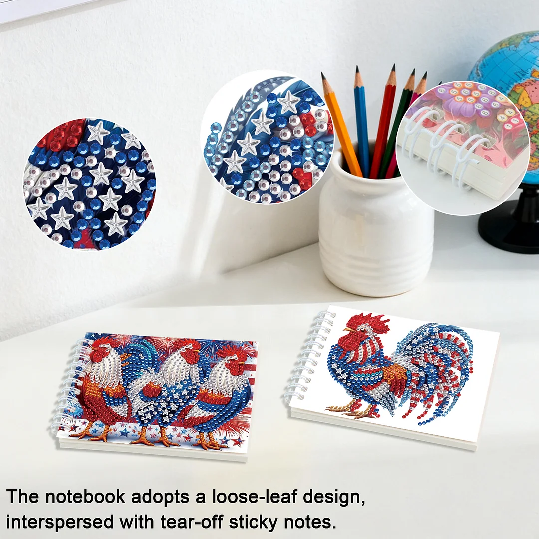 2 Pack USA Flag Rooster DIY Diamond Art Spiral Notebook Kit 80Pages No Lines