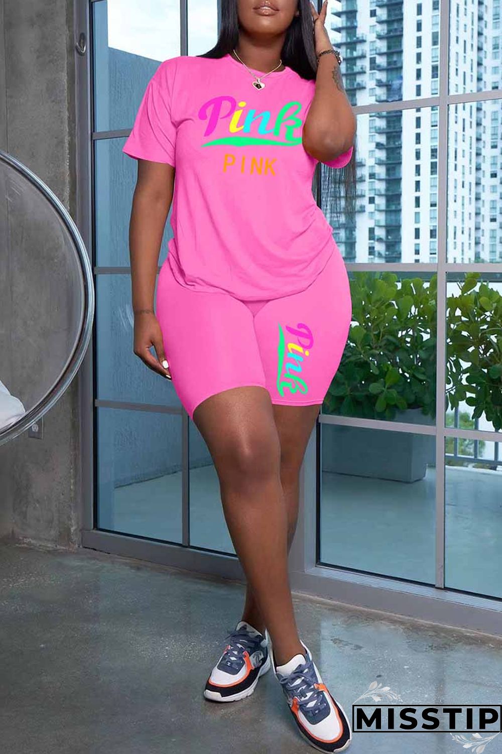 Grey Casual Print Letter O Neck Short Sleeve Two Pieces