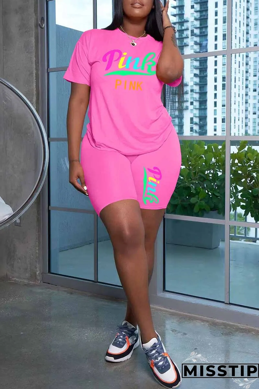 Grey Casual Print Letter O Neck Short Sleeve Two Pieces