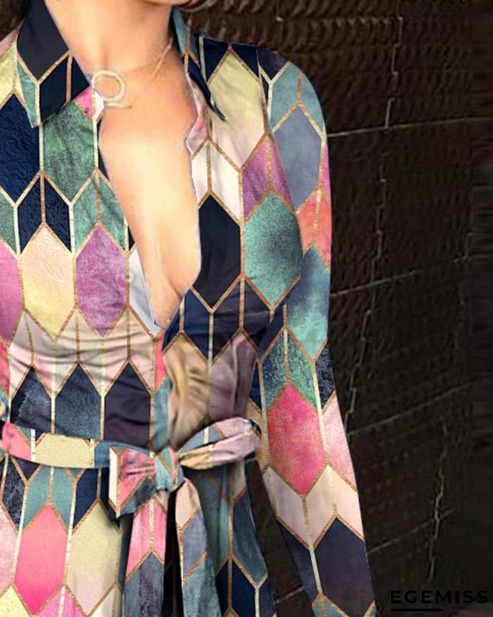 Autumn and Winter New Long Sleeve V-neck Bandage Fashion Sexy Printed Dress | EGEMISS