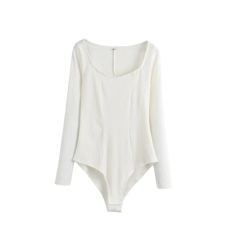 Toppies Sexy Slim Knitted Bodysuits Woman Long Sleeve Tops Deep U Collar Overalls Mesh Bodysuit