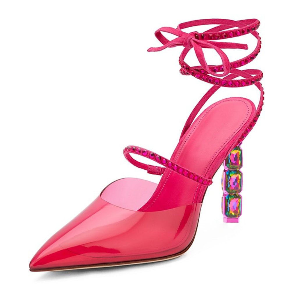 Pink & Clear PVC Closed Toe 4'' Decorative Heel Lace Up Sandals Nicepairs