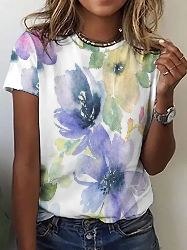 Printed Short Sleeve Casual T-shirt for  Women and Men Unisex Pattern Floral, Purple