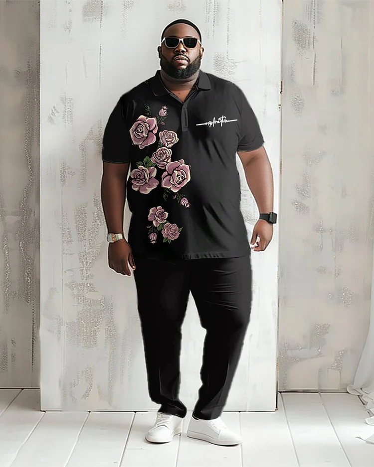 Men's Plus Size Rose Print Polo Shirt Trousers Suit