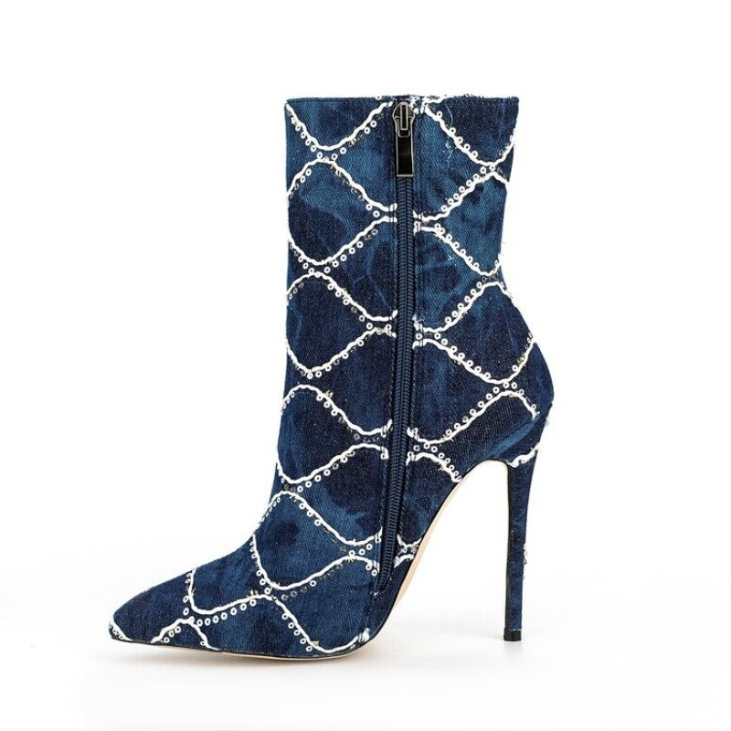 GOOSHOE Blue Stiletto Heel Pointed Toe Zipper Snakeskin Ankle Boots
