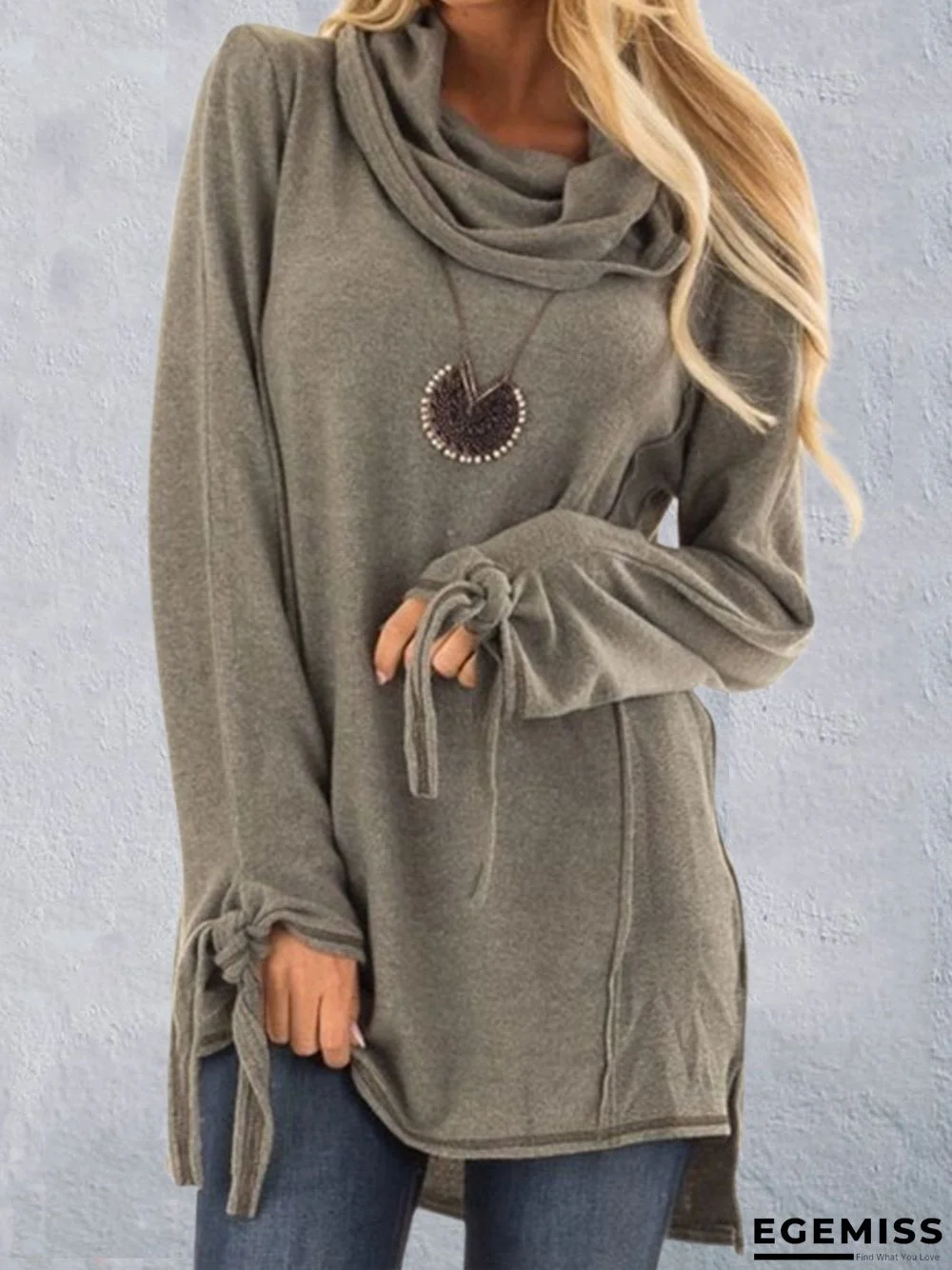 Woman Grey Casual Cotton Cowl Neck Plus Size Sweater | EGEMISS