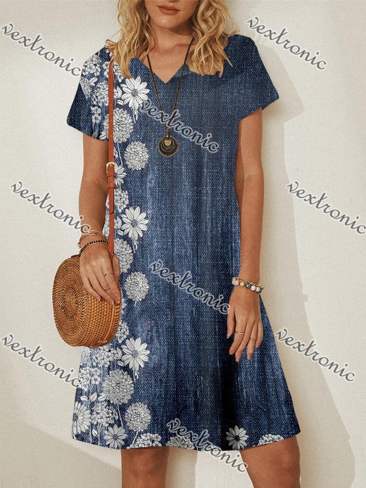 Women Casual Short Sleeve V-neck Denim Blue Floral Printed Midi Dress
