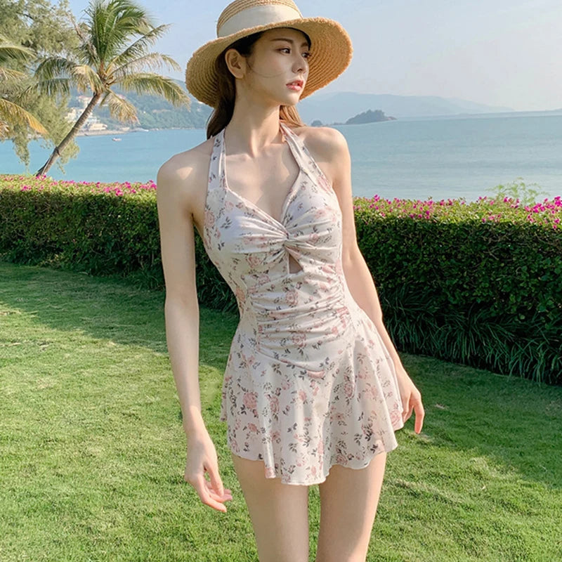 Women Hanging Neck Sweet Cute Swimwear Sexy One-piec Beach Wear Swim Suit Beach Dress Swimsuit High Waist Bathing Suit For Girls LANFUBEISI