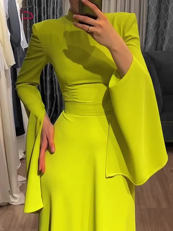 Refined Round-Neck Maxi Dresses with Skinny Belt and Ruffle Sleeves