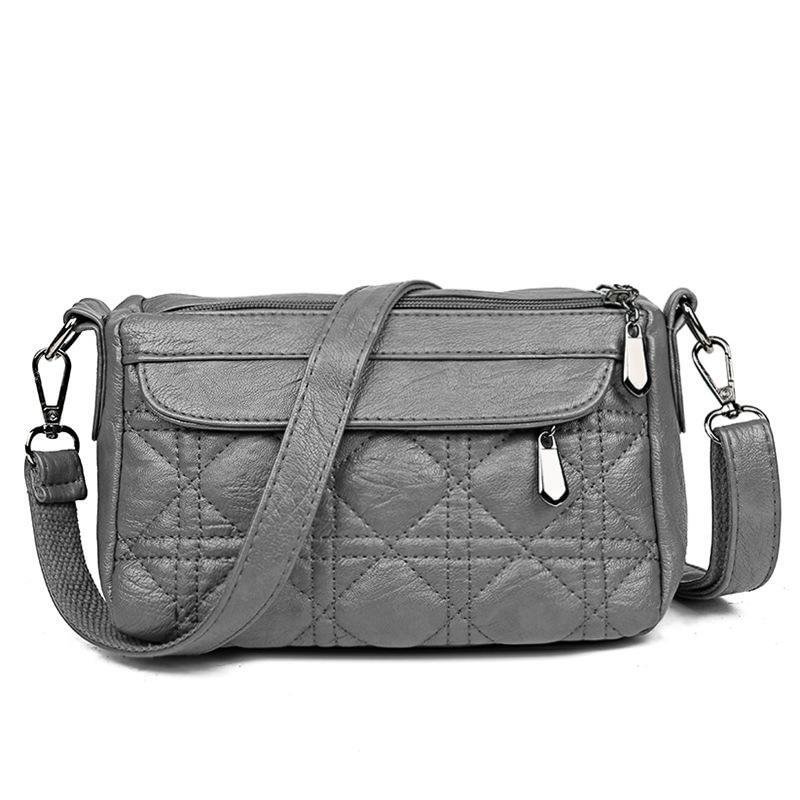 Ladies double-layer large capacity diagonal shoulder bag washed soft leather pouch