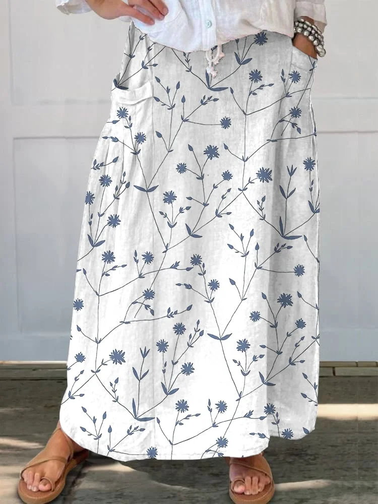 Women'S Retro Floral Art Print Casual Linen Pocket Skirt 