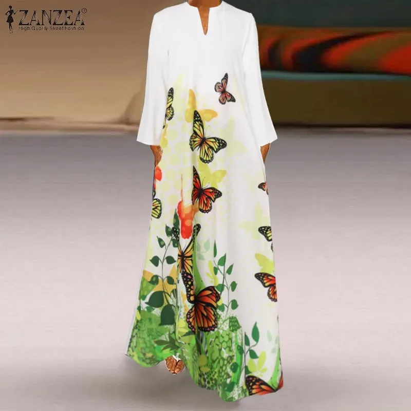 Spring Women's Sundress Bohemian Floral Long Dress ZANZEA 2022 Casual Long Sleeve Party Holiday Vestidos Kaftan Robe Dresses
